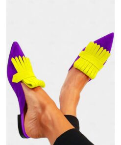 Women's Boho Chic Fringe Pointed-Toe Mules – Vibrant Purple and Orange Slip-On Flats with Suede Finish, Perfect for Casual Outings and Summer Fashion
