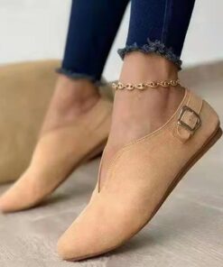 Women's Beige Suede Pointed-Toe Flats with Buckle Strap - Casual Slip-On Shoes for Everyday Wear 2025