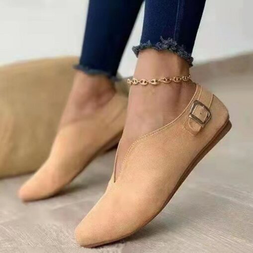 Women's Beige Suede Pointed-Toe Flats with Buckle Strap - Casual Slip-On Shoes for Everyday Wear 2025