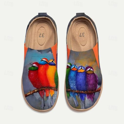 Women's Sneakers Flats Slip-Ons Print Shoes Slip-on Sneakers Daily Travel Bird Painting Flat Heel Vacation Casual Comfort Canvas Loafer Light Red Blue