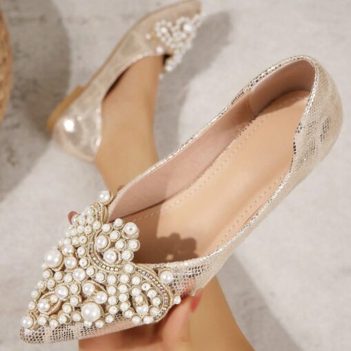 Wedding Shoes for Bride Bridesmaid Women Closed Toe Pointed Toe Apricot Black PU Flats with Imitation Pearl Crystal Flat Heel Wedding Party Valentine'