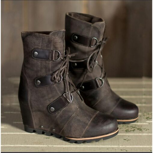 Women's Faux Leather Wedge Boots with Lace-Up Straps - Stylish and Durable Footwear for Outdoor Adventures and Everyday Wear 2025 - Image 4