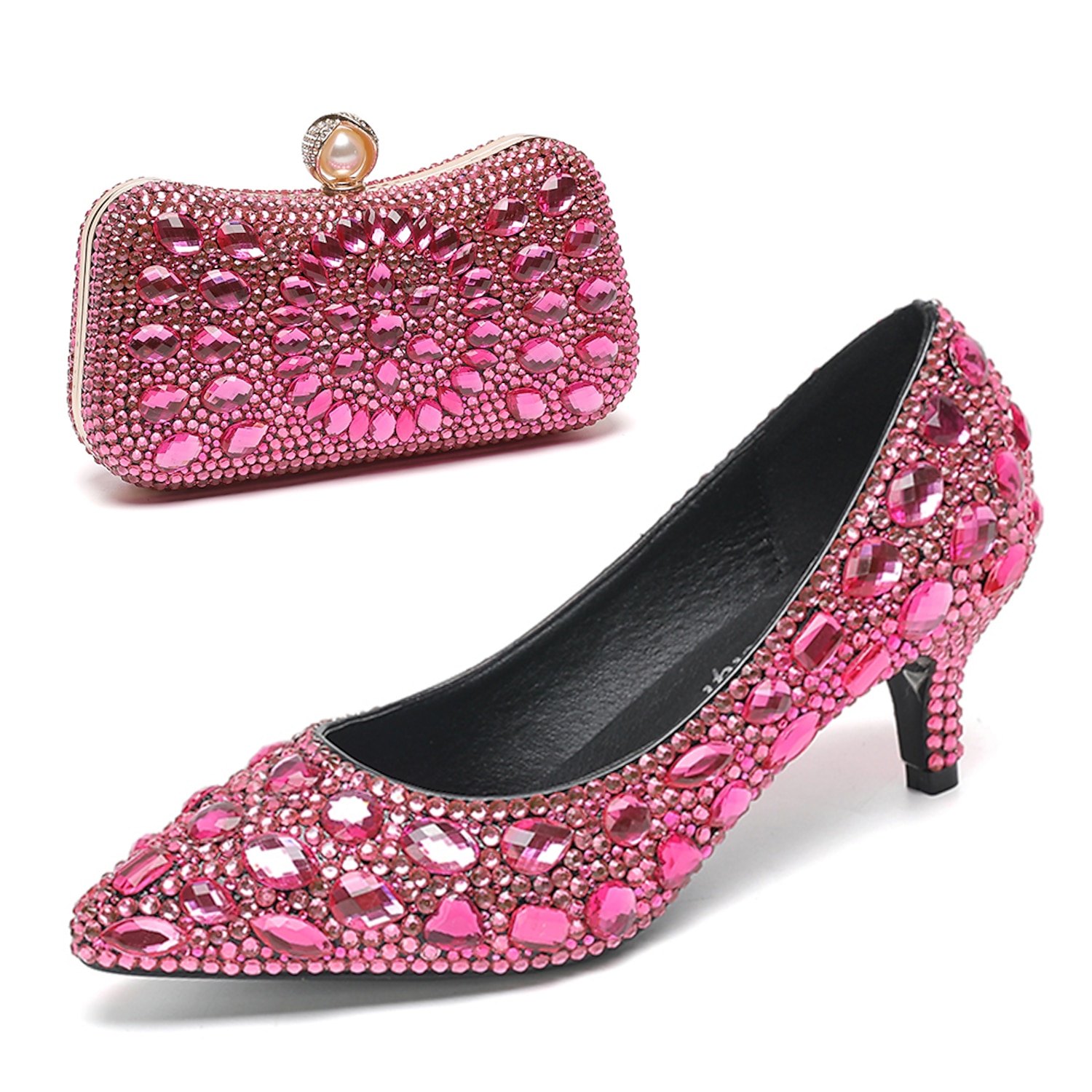 Women's Crystal-Embellished Kitten Heel Shoes and Matching Clutch Set - Elegant Rhinestone Wedding Pumps with Evening Bag 2025 - Image 10