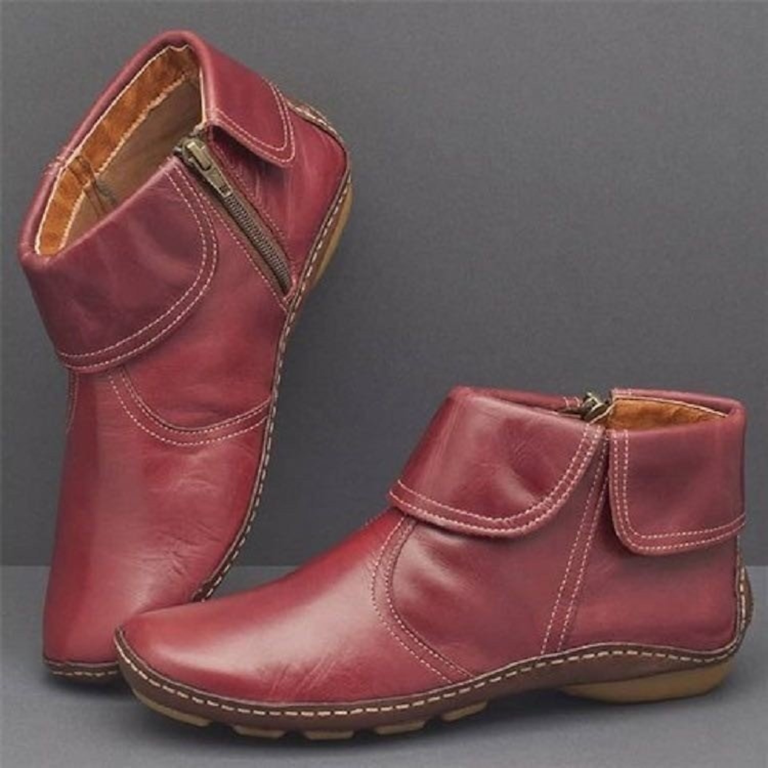 Women's Boots Plus Size Solid Colored Booties Ankle Boots Flat Heel Round Toe PU Wine Black Brown 2025