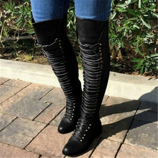 Women's Black Over-the-Knee Lace-Up Boots – Stylish High Faux Leather Boots with Rugged Sole for Outdoor and Fashion Occasions 2025