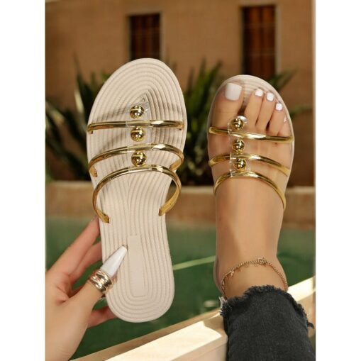 Gold Accented White Slip-On Sandals for Women – Trendy Summer Flat Sandals with Elegant Metallic Straps – Ideal for Casual and Vacation Wear 2025