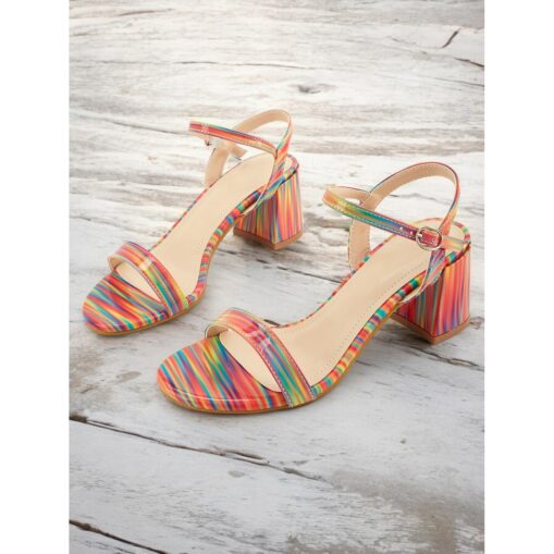 Women's Rainbow Striped High Heel Sandals with Adjustable Ankle Strap – Vibrant Fashion Shoes for Parties, Casual Outings and Summer Events 2025 - Image 2