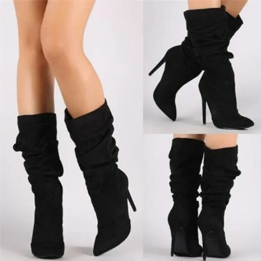 Women's Slouchy Suede Stiletto Boots, High Heel Pointed Toe Mid-Calf Boots in Multiple Colors for Stylish Fall and Winter Outfits 2025 - Image 2