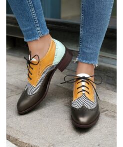 Women's Multicolor Brogue Oxford Shoes with Chevron Pattern and Contrasting Faux Leather Panels – Vintage-Inspired Lace-Up Flats 2025