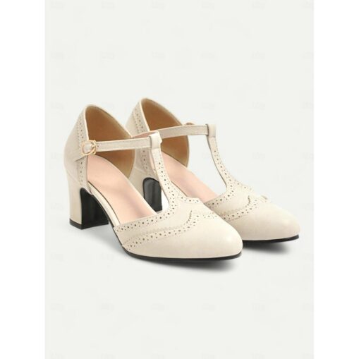 Women's Elegant Vintage T-Strap Chunky Heel Pumps - Brown Brogue Leather Heels for Oktoberfest, Retro and Formal Wear 2025 - Image 3