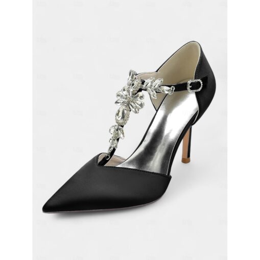 Women's Black Satin T-Strap Heels with Rhinestone Embellishments – Elegant Pointed-Toe Pumps for Weddings and Evening Parties 2025 - Image 2