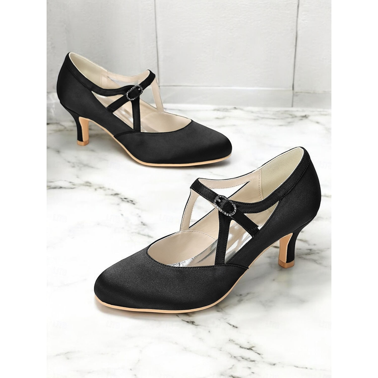 Women's Sage Green Satin T-Strap Heels – Vintage Mid Heel Pumps with Buckle Closure, Elegant Shoes for Weddings & Ballroom Dance 2025 - Image 4