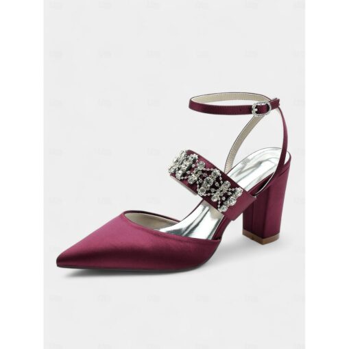 Women's Black Satin Pointed Toe Heels – Rhinestone Embellished Ankle Strap Chunky Heels for Evening Parties and Weddings 2025 - Image 4