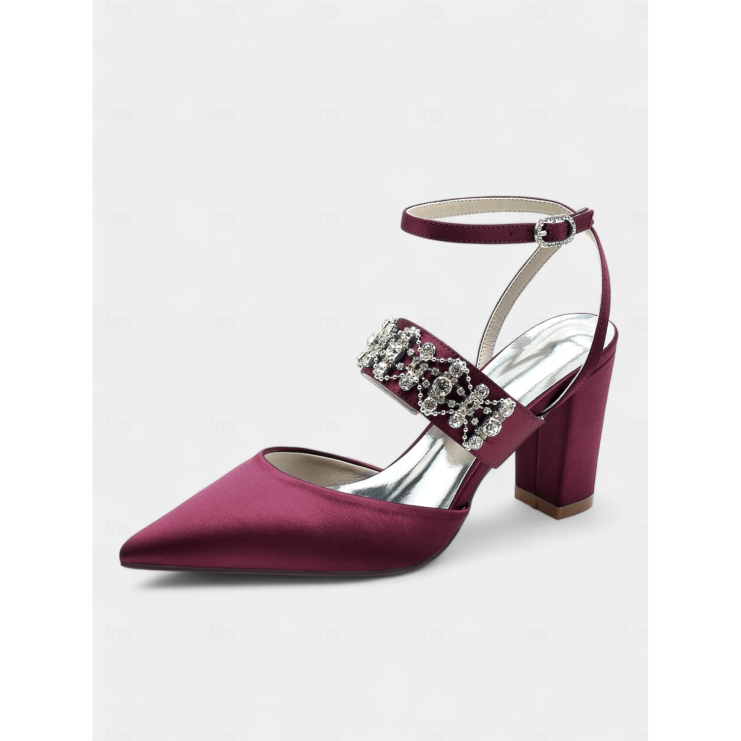 Women's Black Satin Pointed Toe Heels – Rhinestone Embellished Ankle Strap Chunky Heels for Evening Parties and Weddings 2025 - Image 4