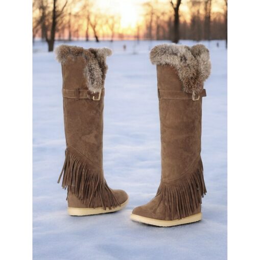 Women's Green Suede Moccasin Winter Boots with Fur Lining and Fringe Detail – Cozy Knee-High Snow Boots for Cold Weather 2025 - Image 4