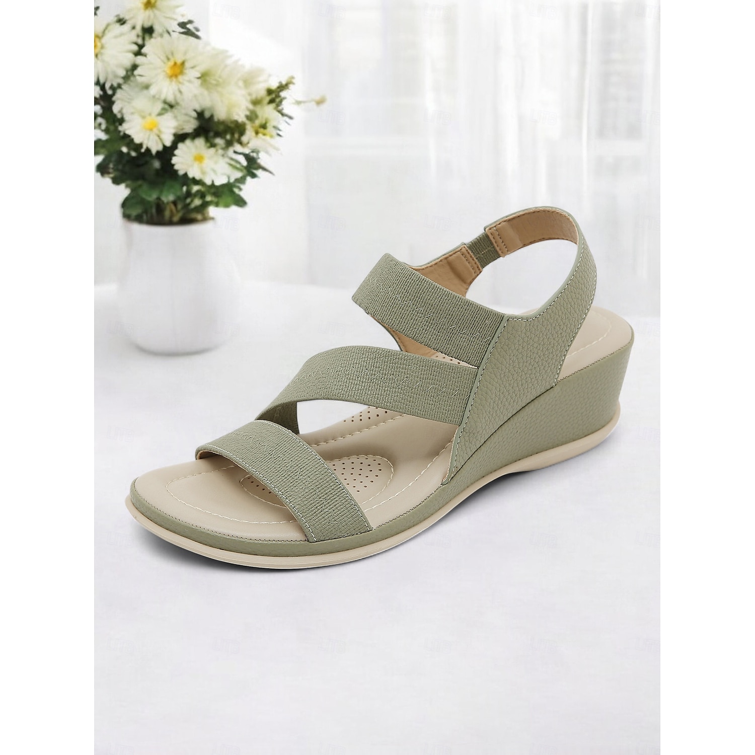 Women's Green Elastic Strap Wedge Sandals with Cushioned Sole - Comfortable Summer Shoes for Casual Wear and Travel 2025