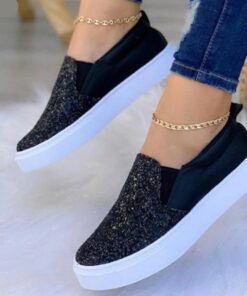 Women's Sneakers Bling Bling Shoes Plus Size Slip-on Sneakers Daily Sequin Flat Heel Round Toe Casual Glitter Loafer Black Golden Brown 2025