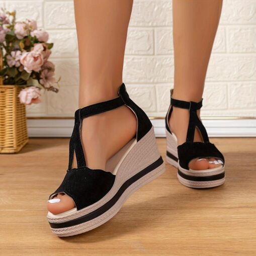 Women's Sandals Wedge Sandals Daily Wedge Peep Toe Comfort Faux Suede Ankle Strap Black Brown 2025 - Image 2
