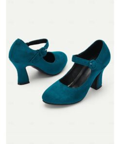 Women's Teal Suede Mary Jane Heels with Buckle Strap – Retro High Heel Pumps for Parties and Formal Events 2025
