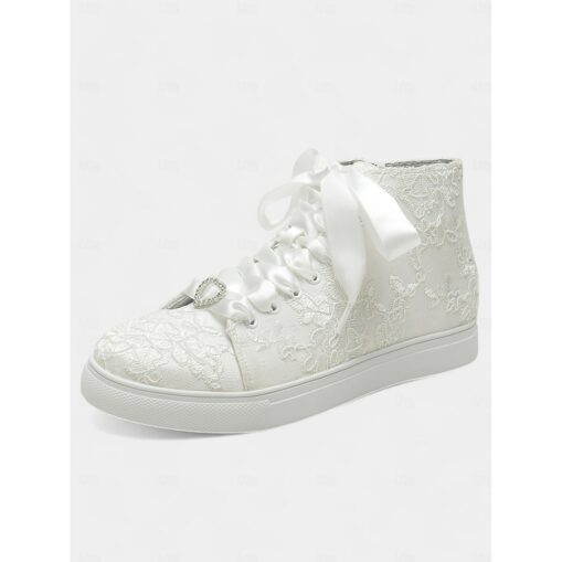 Women's Ivory Lace Wedding Sneakers with Satin Ribbon Laces and Rhinestone Heart Charm – Comfortable Bridal Shoes for Weddings 2025