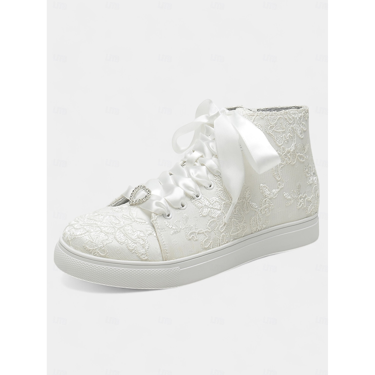 Women's Ivory Lace Wedding Sneakers with Satin Ribbon Laces and Rhinestone Heart Charm – Comfortable Bridal Shoes for Weddings 2025