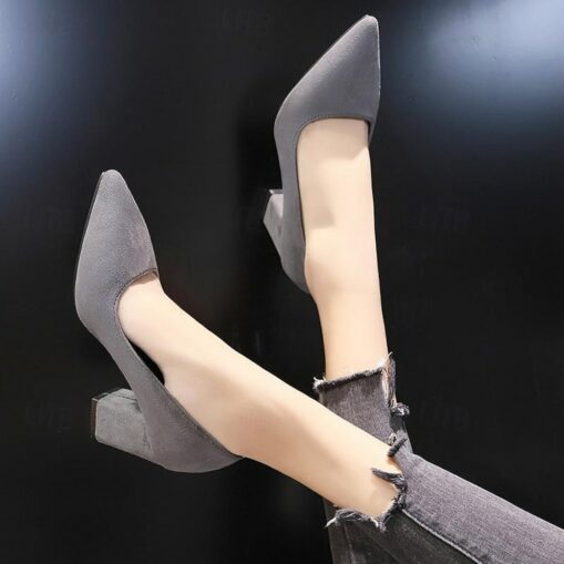 Women's Heels Pumps Plus Size Party Daily Solid Color Rhinestone Chunky Heel Pointed Toe Fashion Faux Suede Loafer Black Pink Gray 2025 - Image 3