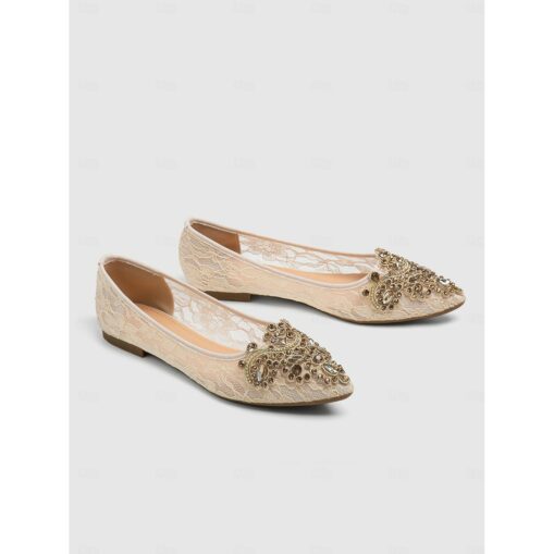 Elegant Women's Beige Lace Ballet Flats with Ornate Rhinestone Embellishments – Perfect for Weddings and Formal Events 2025