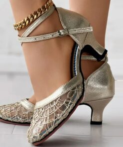 Women's Gold Silver Lace Ballroom Dance Shoes with Ankle Strap and Mid Heel for Latin and Salsa Dancing 2025
