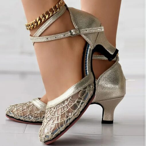 Women's Gold Silver Lace Ballroom Dance Shoes with Ankle Strap and Mid Heel for Latin and Salsa Dancing 2025