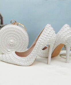 White Pearl-Embellished Stiletto Heels and Round Pearl Purse Set – Elegant Bridal Shoes with Matching Handbag for Weddings and Special Occasions 2025