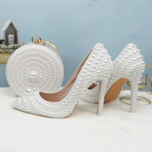 White Pearl-Embellished Stiletto Heels and Round Pearl Purse Set – Elegant Bridal Shoes with Matching Handbag for Weddings and Special Occasions 2025