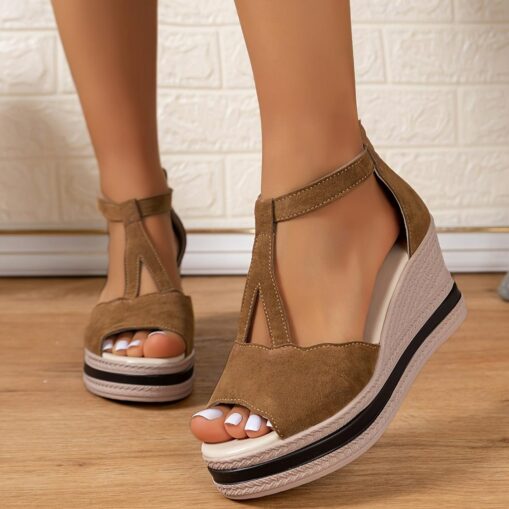 Women's Sandals Wedge Sandals Daily Wedge Peep Toe Comfort Faux Suede Ankle Strap Black Brown 2025
