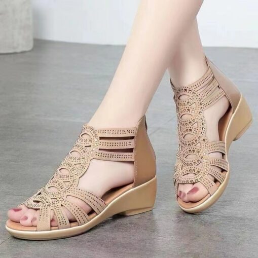 Elegant Beige Women's Cut-Out Sandals - Intricate Laser-Cut Design with Comfortable Wedge Heel, Perfect for Dressy Occasions and Summer Evenings 2025