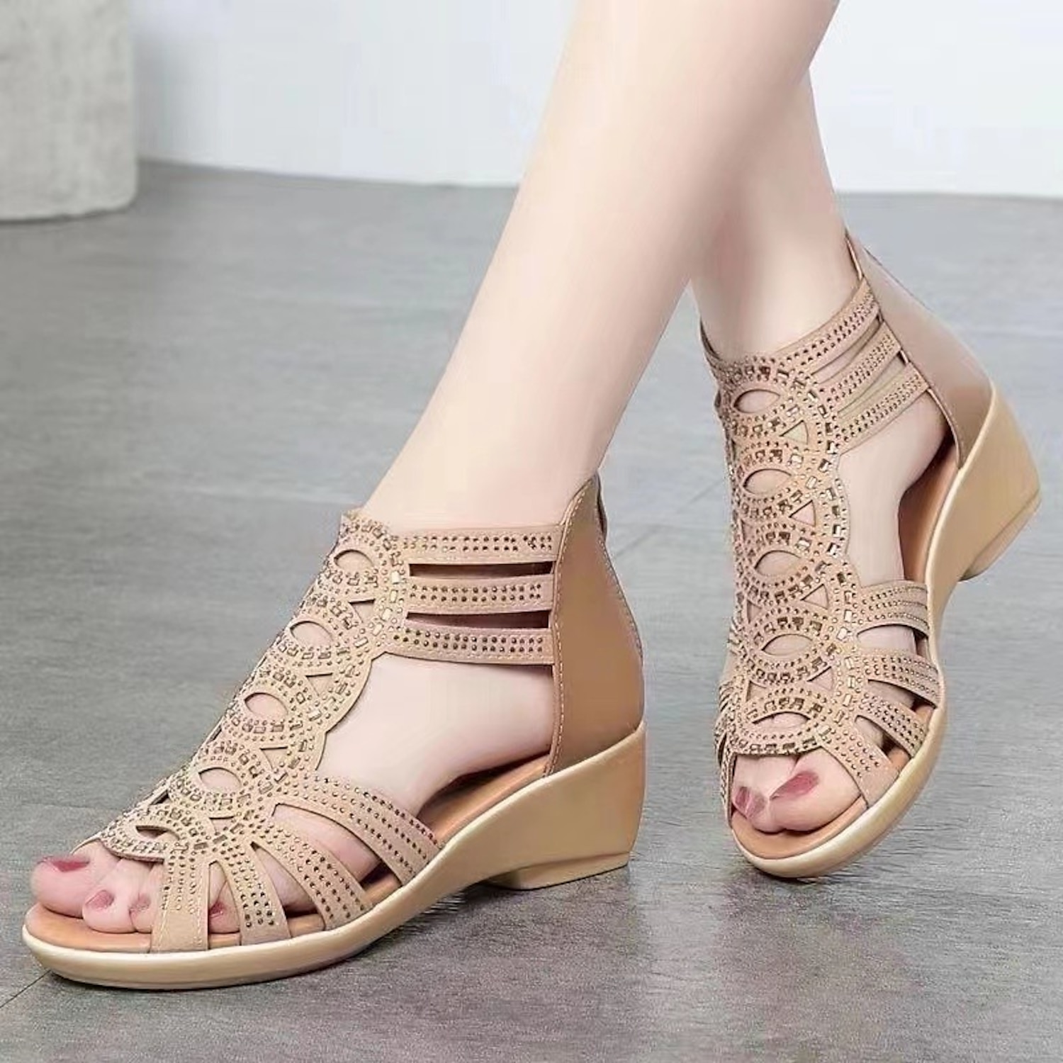 Elegant Beige Women's Cut-Out Sandals - Intricate Laser-Cut Design with Comfortable Wedge Heel, Perfect for Dressy Occasions and Summer Evenings 2025