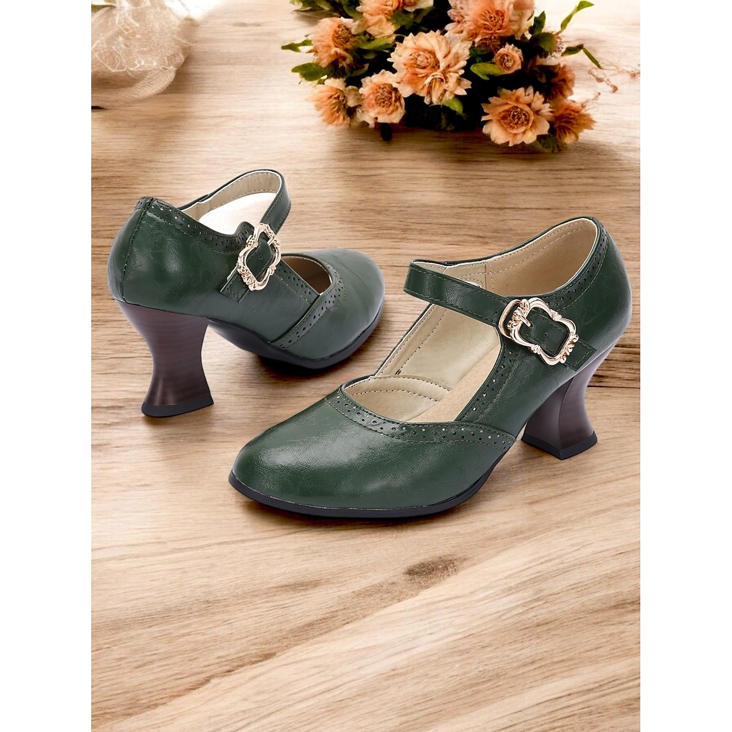 Women's Vintage Green faux Leather Mary Jane Pumps for Mid-Heel Dress Shoes with Brogue Detailing and Buckle Strap, Ideal for Office, Formal Events