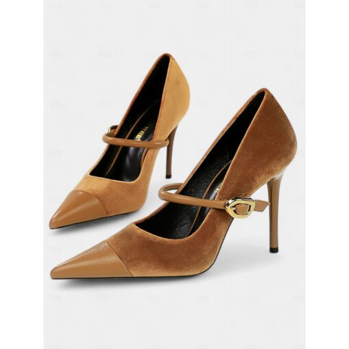 Women's Burgundy Velvet Pointed Toe Stiletto Heels – Elegant High Heels with Gold Buckle for Formal and Evening Wear 2025 - Image 5