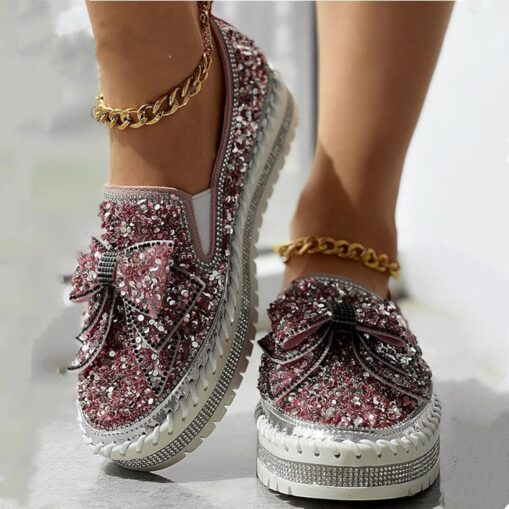 Women's Sparkly Rhinestone Slip-On Sneakers – Glitter Bow Platform Loafers for Party, Casual & Streetwear Fashion 2025 - Image 3