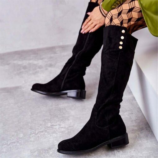 Women's Beige Suede Knee-High Boots with Button Detail - Stylish Footwear for Casual Outings and Autumn Fashion 2025 - Image 3