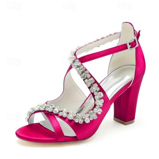 Women's Heels Wedding Shoes Dress Shoes Glitter Crystal Sequined Jeweled Wedding Party Rhinestone Cone Heel Round Toe Elegant Sexy Satin Buckle Ivory - Image 3
