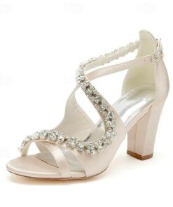 Women's Heels Wedding Shoes Dress Shoes Glitter Crystal Sequined Jeweled Wedding Party Rhinestone Cone Heel Round Toe Elegant Sexy Satin Buckle Ivory