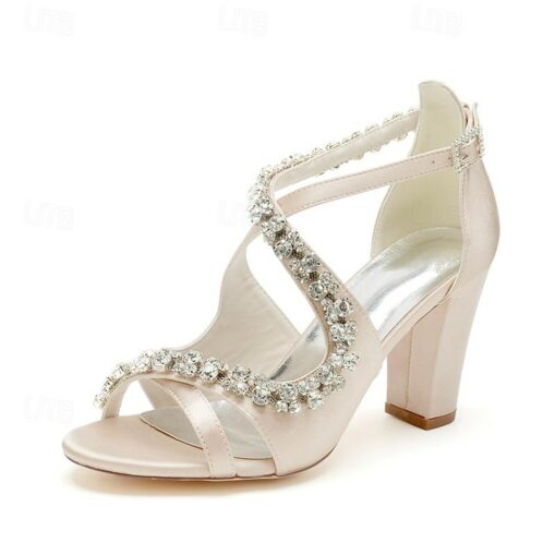 Women's Heels Wedding Shoes Dress Shoes Glitter Crystal Sequined Jeweled Wedding Party Rhinestone Cone Heel Round Toe Elegant Sexy Satin Buckle Ivory