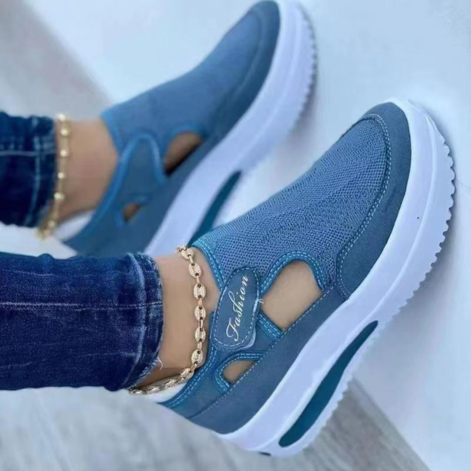 Women's Blue and Pink Breathable Mesh Slip-On Wedge Sneakers with Air Cushion Sole - Perfect for Casual Walks and Everyday Wear 2025 - Image 4