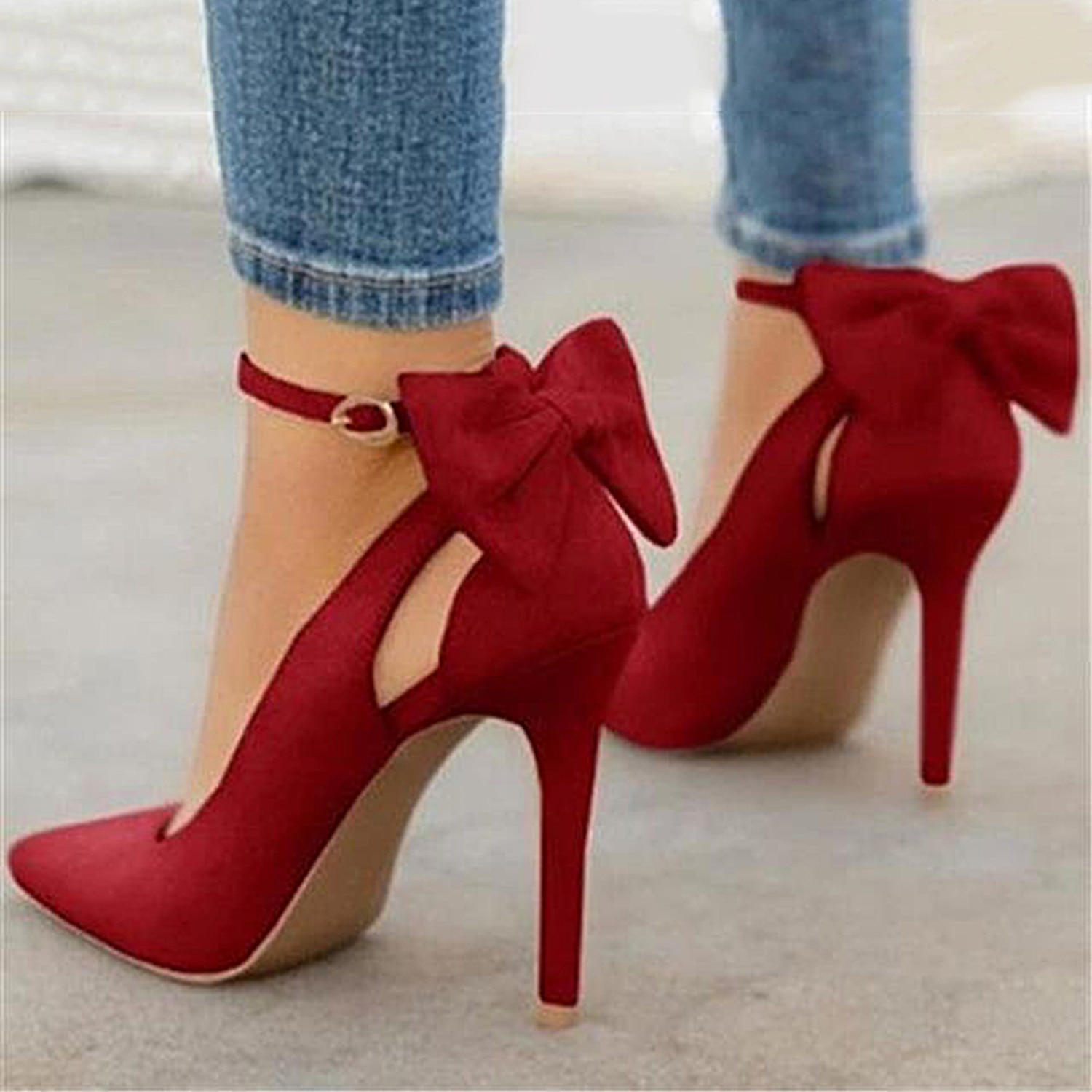 Women's Red Stiletto Heels with Bow Detail and Ankle Strap - Elegant Suede Party Pumps 2025