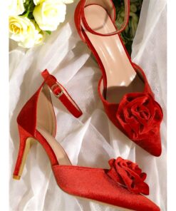 Red Satin Pointed-Toe Heels with Rose Detailing – Classic Wedding Shoes for Women, Ideal for Formal Events or Bridal Wear 2025