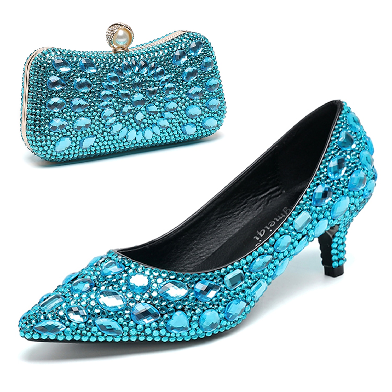Women's Crystal-Embellished Kitten Heel Shoes and Matching Clutch Set - Elegant Rhinestone Wedding Pumps with Evening Bag 2025 - Image 7
