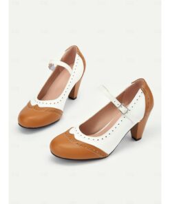 Women's Vintage Two-Tone Mary Jane Heels with Brogue Detailing – Retro Block Heel Shoes for Parties and Formal Occasions 2025
