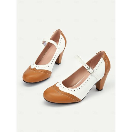 Women's Vintage Two-Tone Mary Jane Heels with Brogue Detailing – Retro Block Heel Shoes for Parties and Formal Occasions 2025