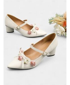Floral Embellished Mary Jane Wedding Shoes for Women – Vintage Pointed-Toe Bridal Heels with Adjustable Strap 2025