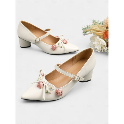 Floral Embellished Mary Jane Wedding Shoes for Women – Vintage Pointed-Toe Bridal Heels with Adjustable Strap 2025