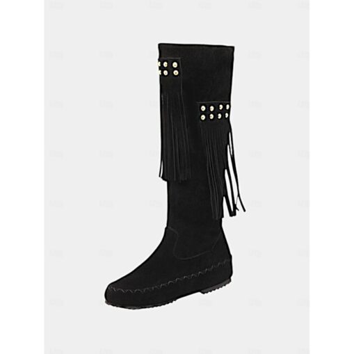 Women's Faux Suede Fringe Boots with Studded Details – Retro Western Style Knee-High Moccasin Boots for Casual or Festival Wear 2025 - Image 3